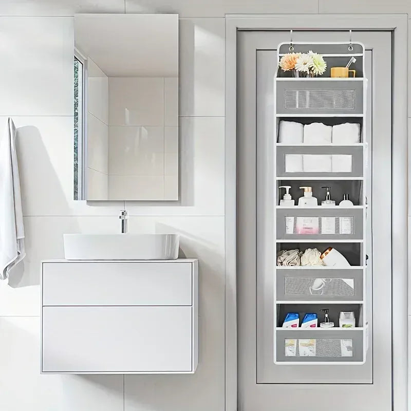 Five-shelf over-the-door organizer with anti-tilt pockets