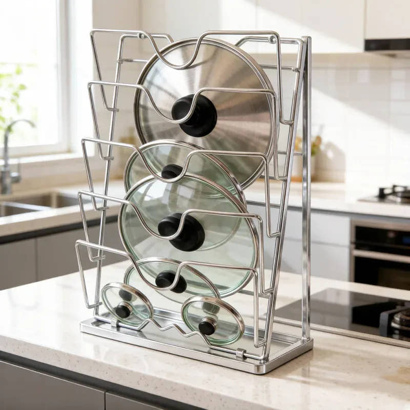 Essentials House Silver Wall Mounted Pot Lid Rack Multi-Functional Kitchen Storage Holder Perforated 5 Layers for Household