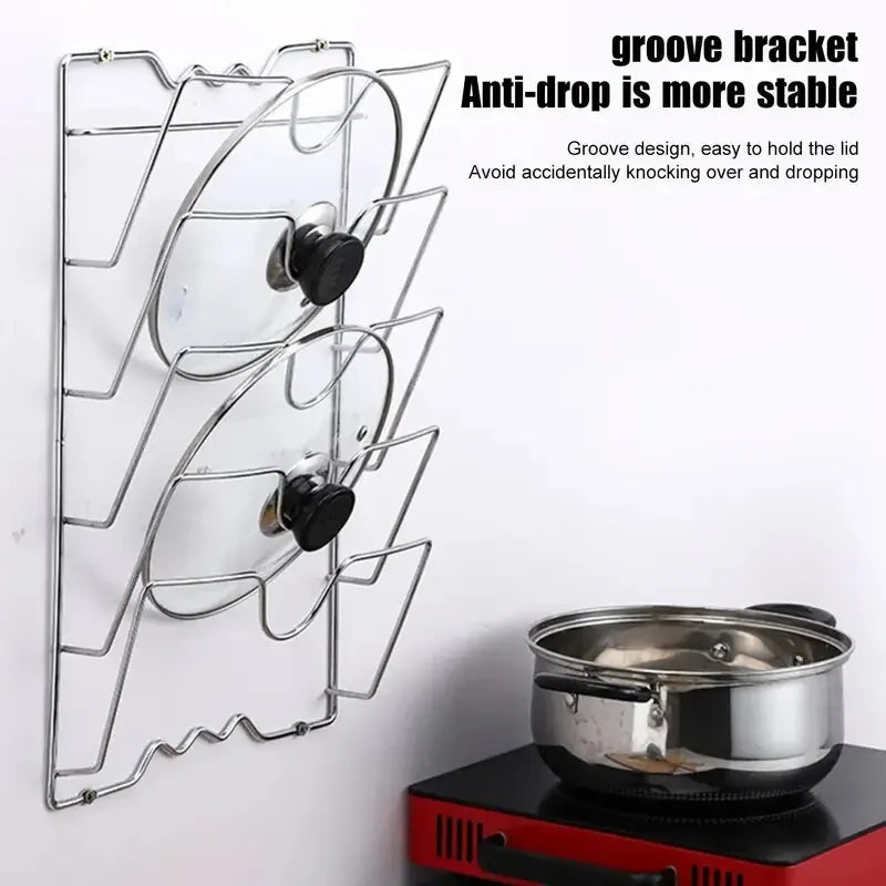Essentials House Silver Wall Mounted Pot Lid Rack Multi-Functional Kitchen Storage Holder Perforated 5 Layers for Household