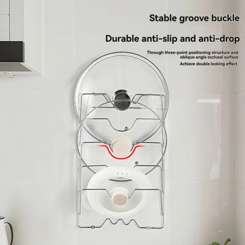 Essentials House Silver Wall Mounted Pot Lid Rack Multi-Functional Kitchen Storage Holder Perforated 5 Layers for Household