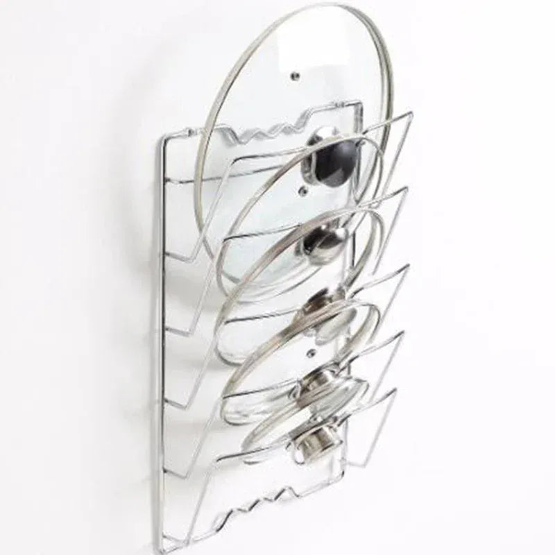 Essentials House Silver Wall Mounted Pot Lid Rack Multi-Functional Kitchen Storage Holder Perforated 5 Layers for Household