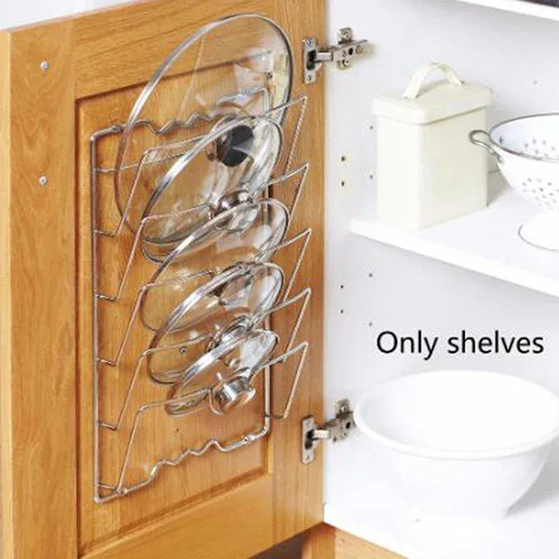 Essentials House Silver Wall Mounted Pot Lid Rack Multi-Functional Kitchen Storage Holder Perforated 5 Layers for Household