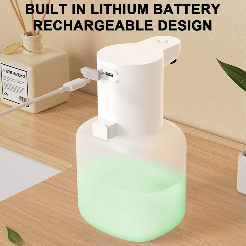 Rechargeable white touchless dispenser connected to a charging cable