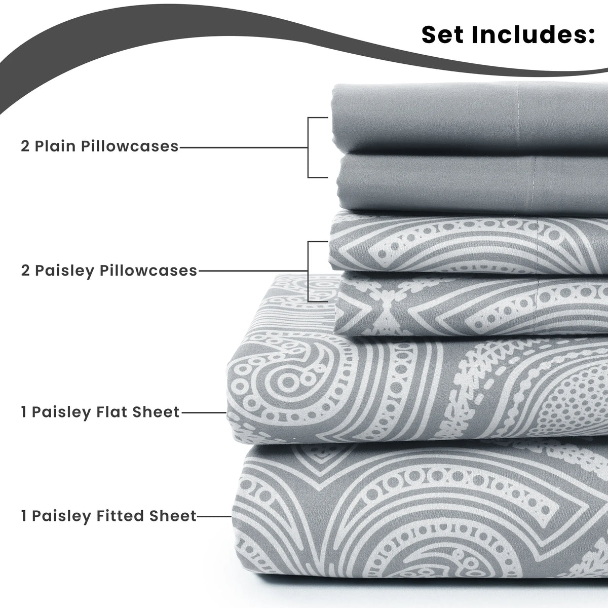 Essentials House Lux Decor 6Pc Paisley Sheet Set – Soft Microfiber, Wrinkle-Free, Luxurious Printed Bed Sheets