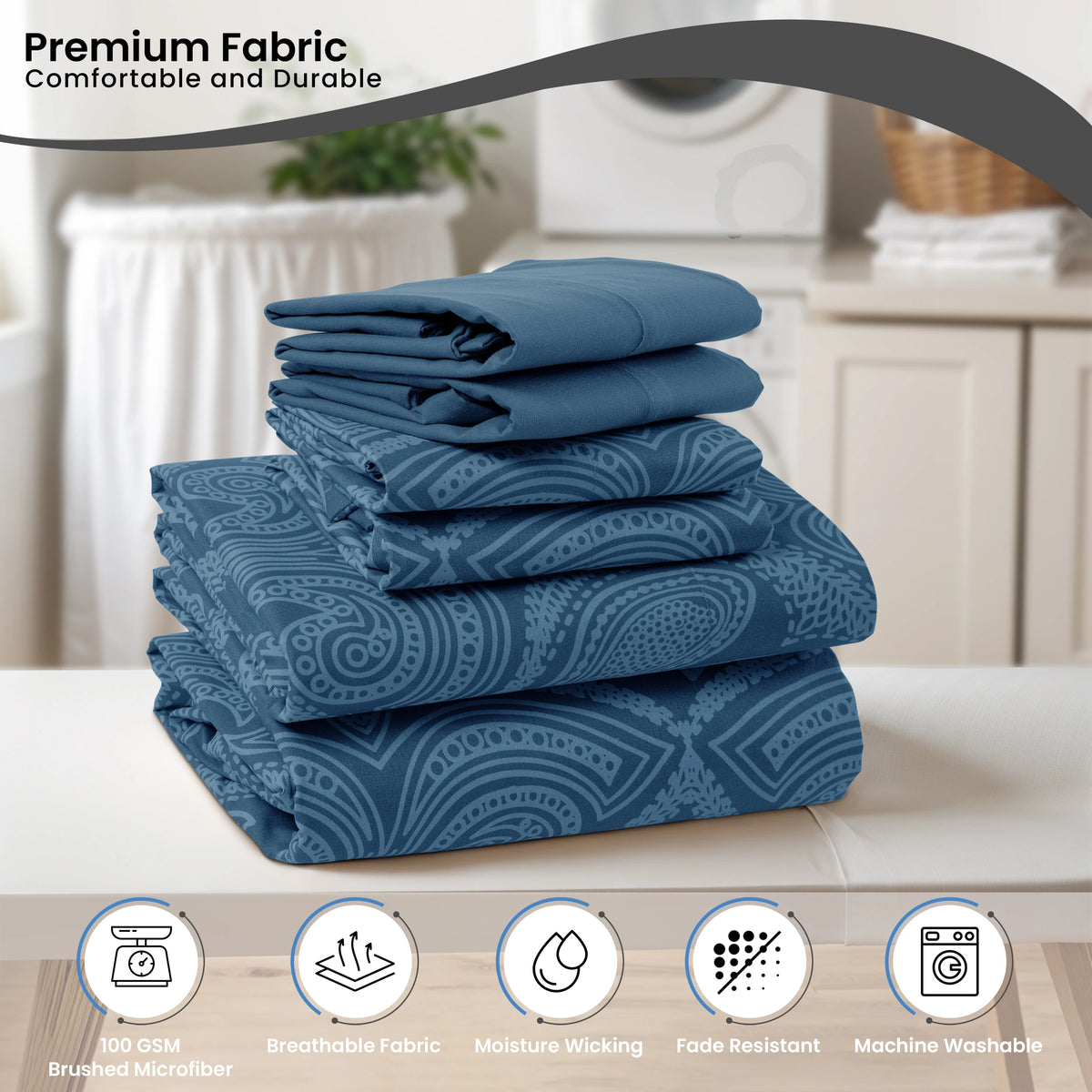 Essentials House Lux Decor 6Pc Paisley Sheet Set – Soft Microfiber, Wrinkle-Free, Luxurious Printed Bed Sheets