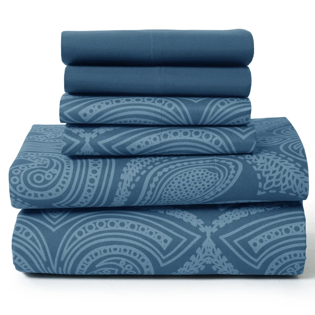 Essentials House Navy Blue / Bed Sheet Set / King| Lux Decor 6Pc Paisley Sheet Set – Soft Microfiber, Wrinkle-Free, Luxurious
