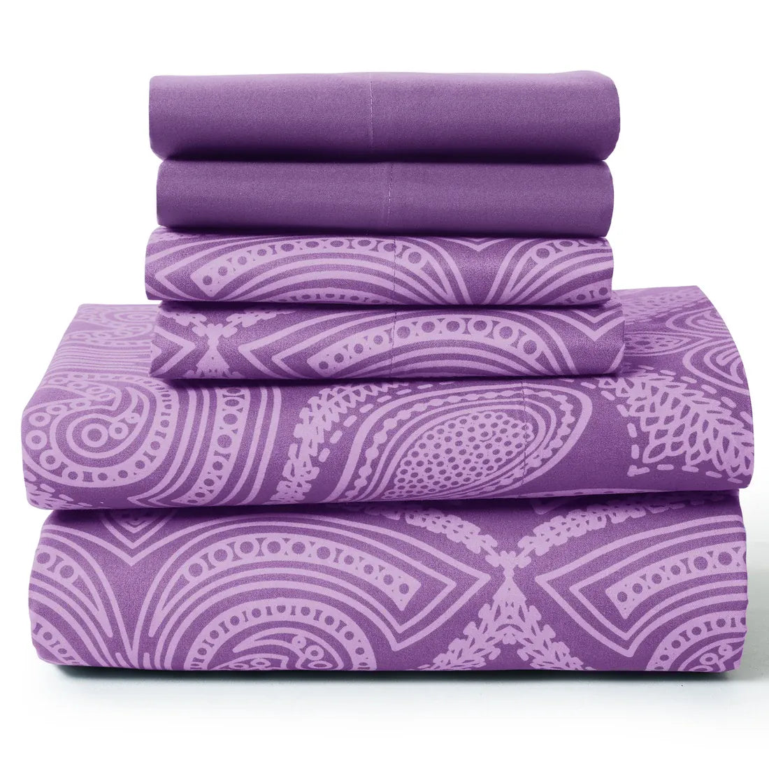Essentials House Purple / Bed Sheet Set / King| Lux Decor 6Pc Paisley Sheet Set – Soft Microfiber, Wrinkle-Free, Luxurious