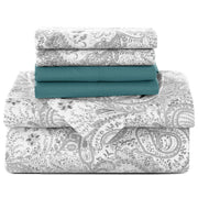 Essentials House White Grey / Bed Sheet Set / King| Lux Decor 6Pc Paisley Sheet Set – Soft Microfiber, Wrinkle-Free