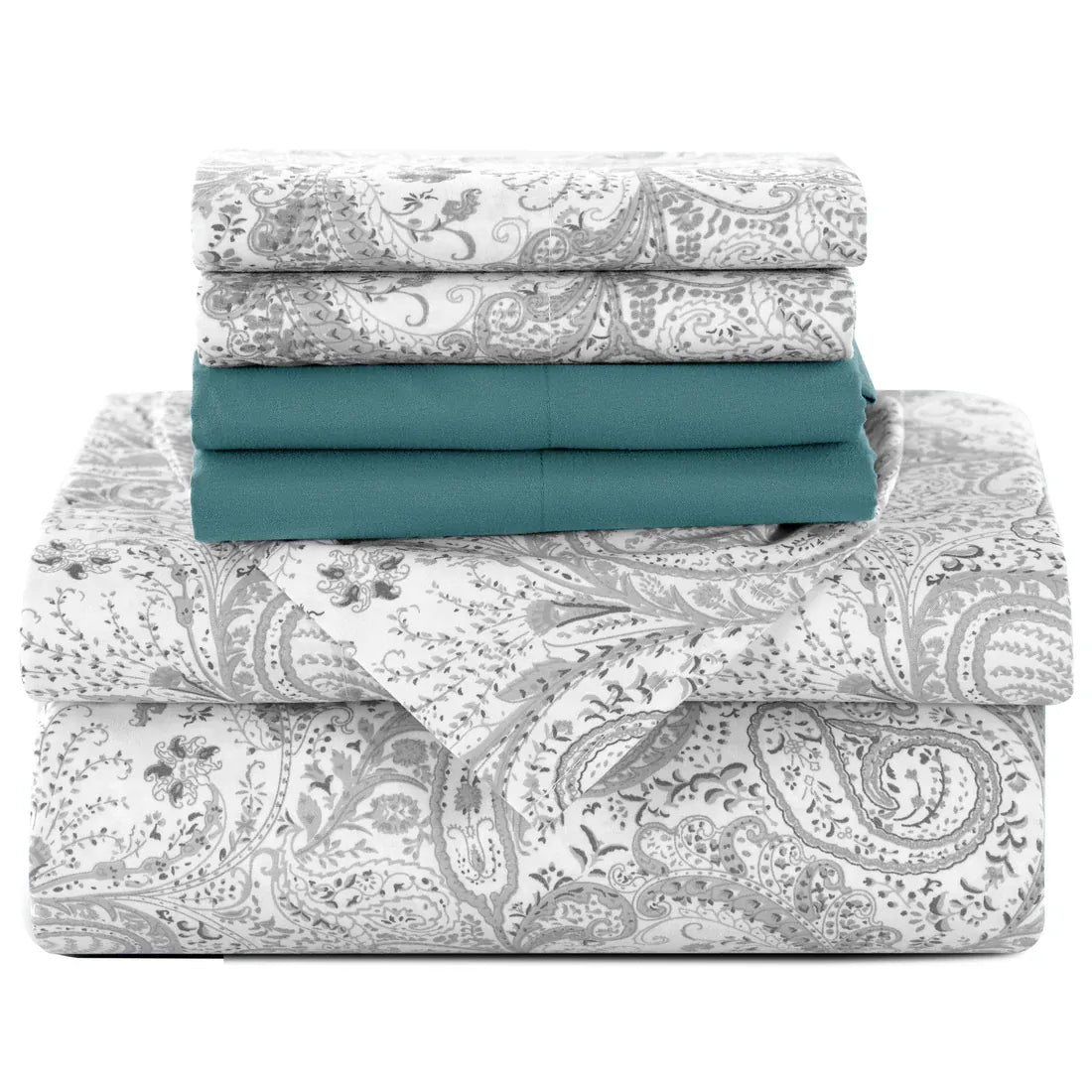 Essentials House White Grey / Bed Sheet Set / King| Lux Decor 6Pc Paisley Sheet Set – Soft Microfiber, Wrinkle-Free