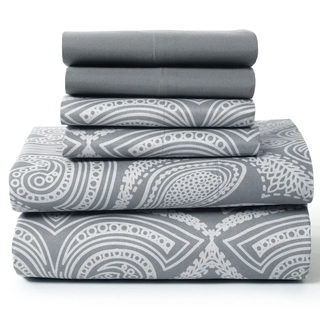 Essentials House Grey / Bed Sheet Set / King| Lux Decor 6Pc Paisley Sheet Set – Soft Microfiber, Wrinkle-Free, Luxurious