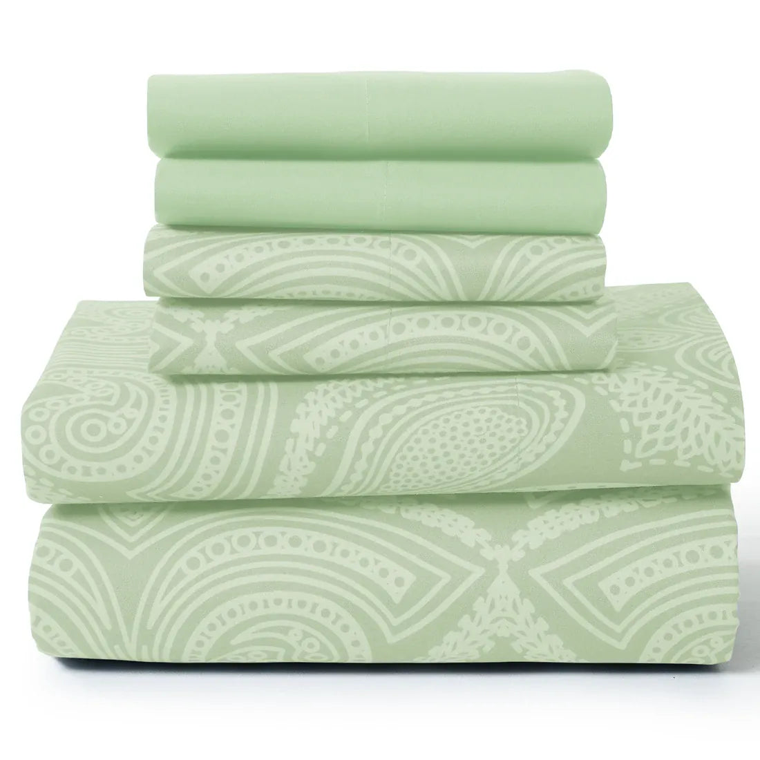 Essentials House Sage / Bed Sheet Set / Queen| Lux Decor 6Pc Paisley Sheet Set – Soft Microfiber, Wrinkle-Free, Luxurious