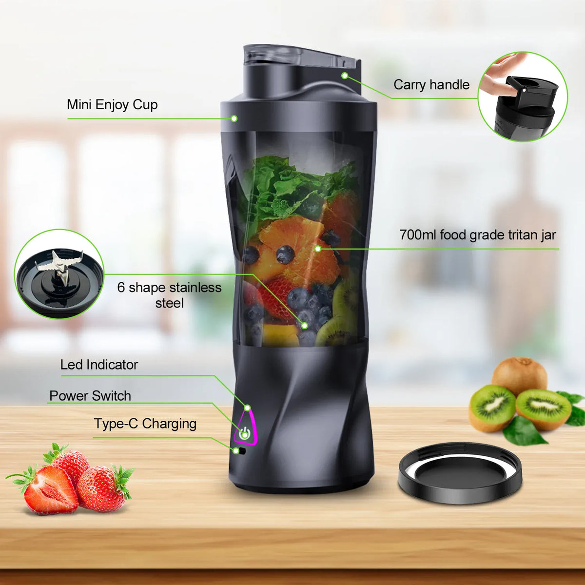 Essentials House HD-10 Black / 11.1 Electric Portable Juicer Fresh Fruit Mixer 700ML Multifunctional USB Rechargeable Shakes