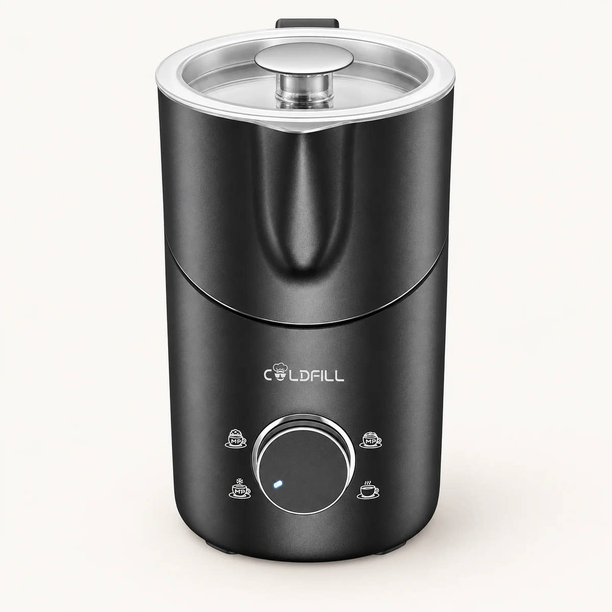 8-in-1 Electric Milk Frother and Steamer on a warm off-white background with a soft natural shadow.