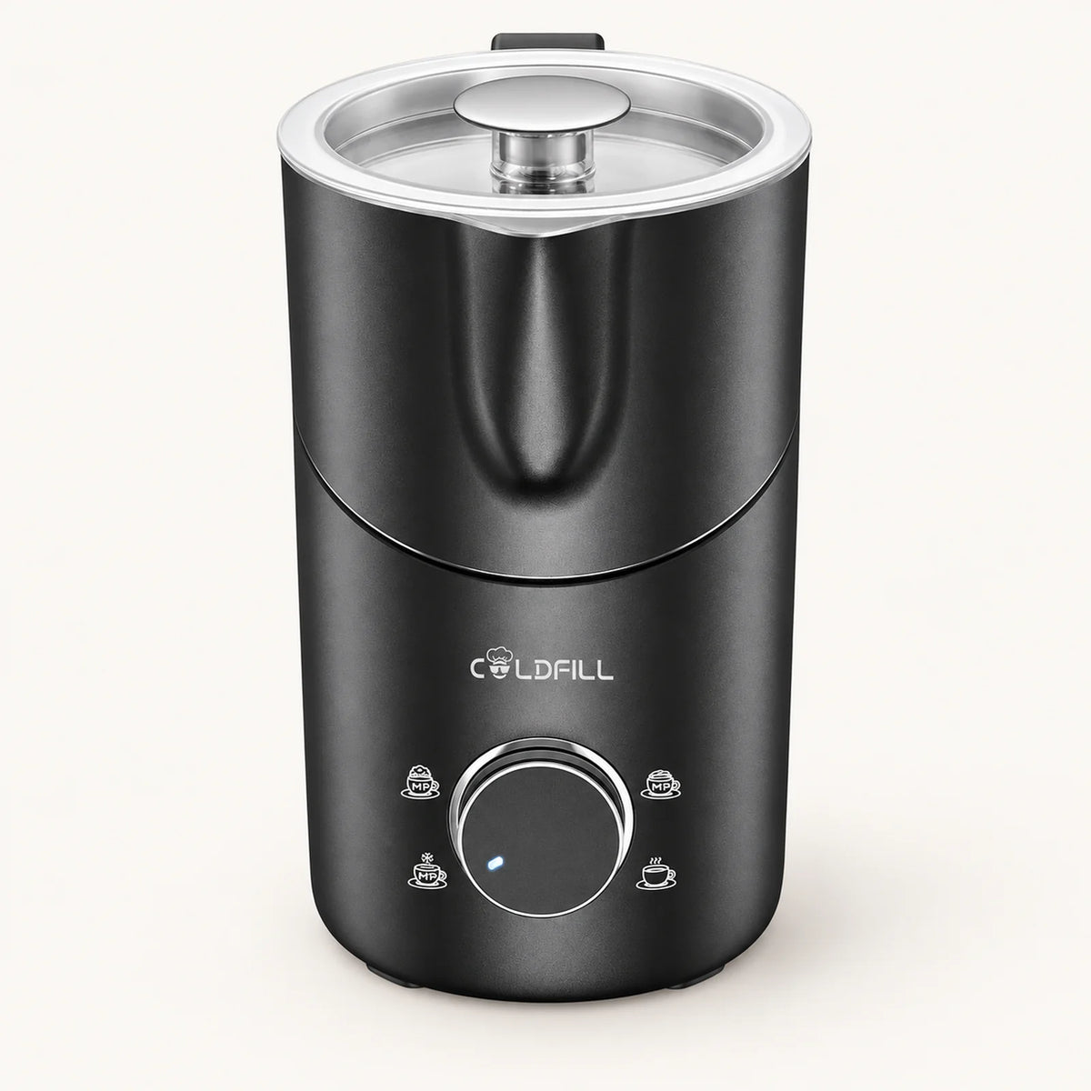 8-in-1 Electric Milk Frother and Steamer on a warm off-white background with a soft natural shadow.
