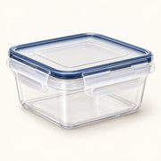 Close-up of one clear locking food container with a blue lid seal from the food container set.