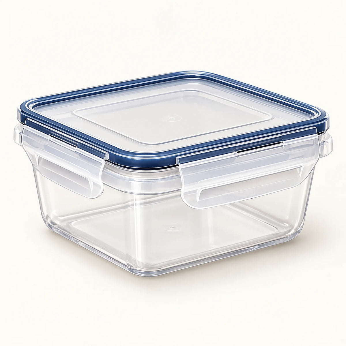 Close-up of one clear locking food container with a blue lid seal from the food container set.