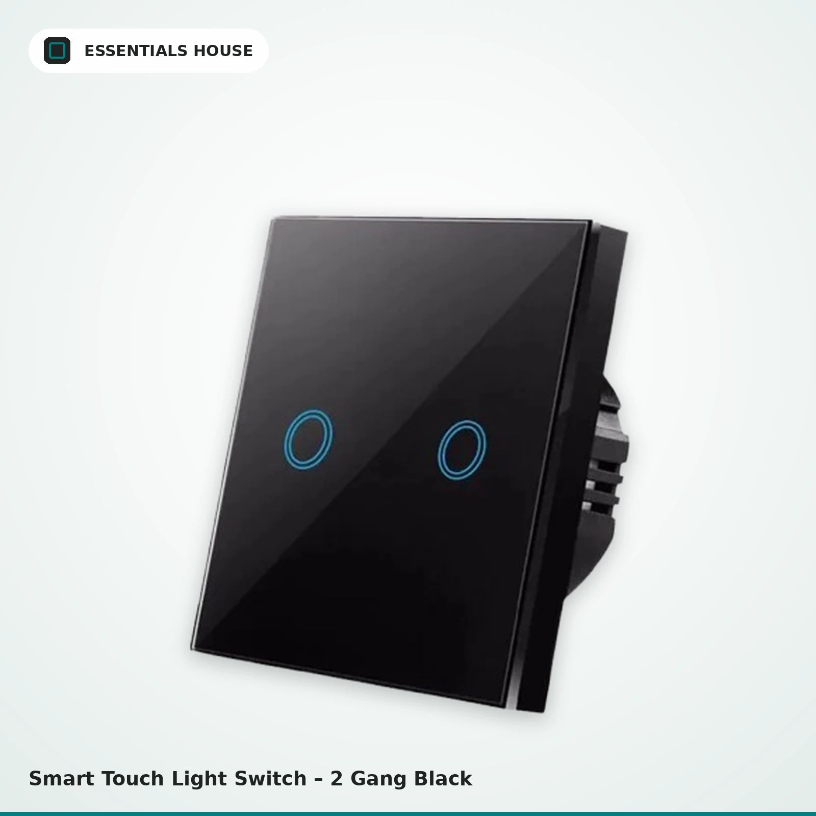 A 2-gang black touch-sensitive light switch with a glossy glass faceplate and blue circular touch感应 zones, shown on a light