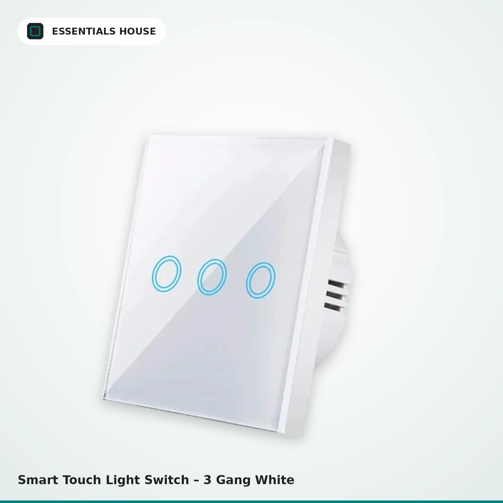 A 3-gang white smart touch light switch by Essentials House, featuring a glossy white glass faceplate with three circular