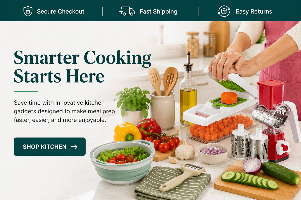 A promotional banner for a kitchen gadget set, featuring a person slicing carrots with a white mandoline-style vegetable grater. The scene is set in a bright, modern kitchen with various fresh ingredients like tomatoes, peppers, garlic, and a cucumber, alongside the kitchen tools.