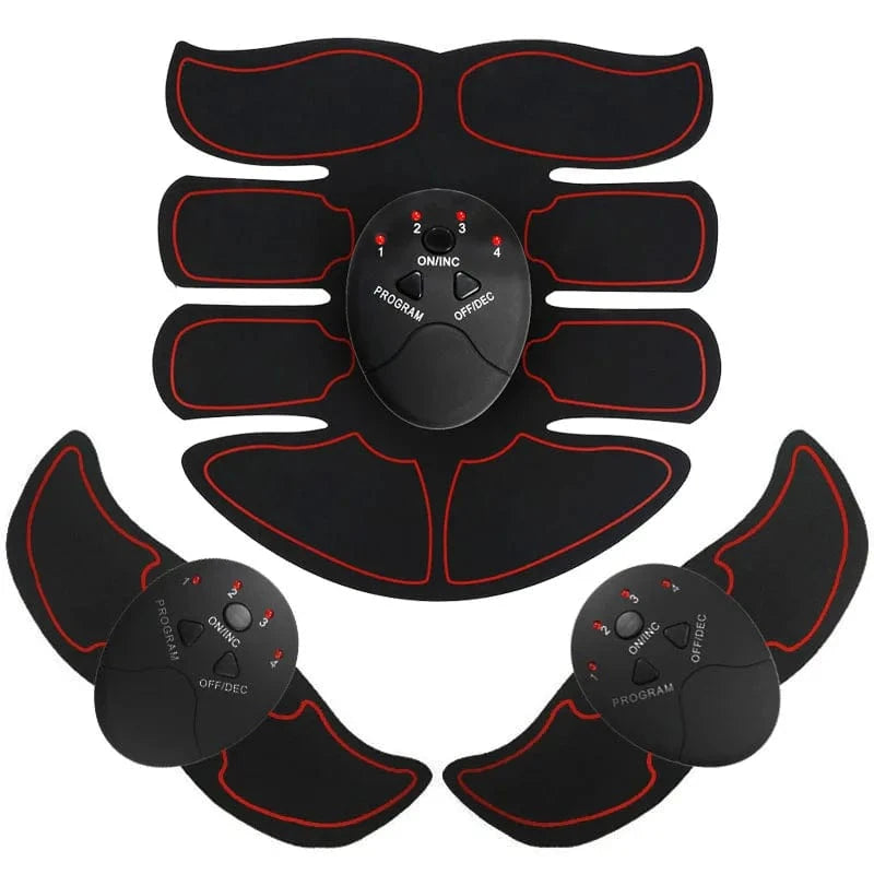 Black and red muscle stimulator pads with control panel on a white background