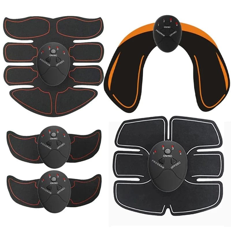 Set of black and orange electronic muscle stimulators on a white background