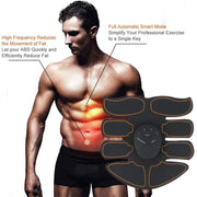 Man with abdominal muscles highlighted, wearing an electronic muscle stimulator device.