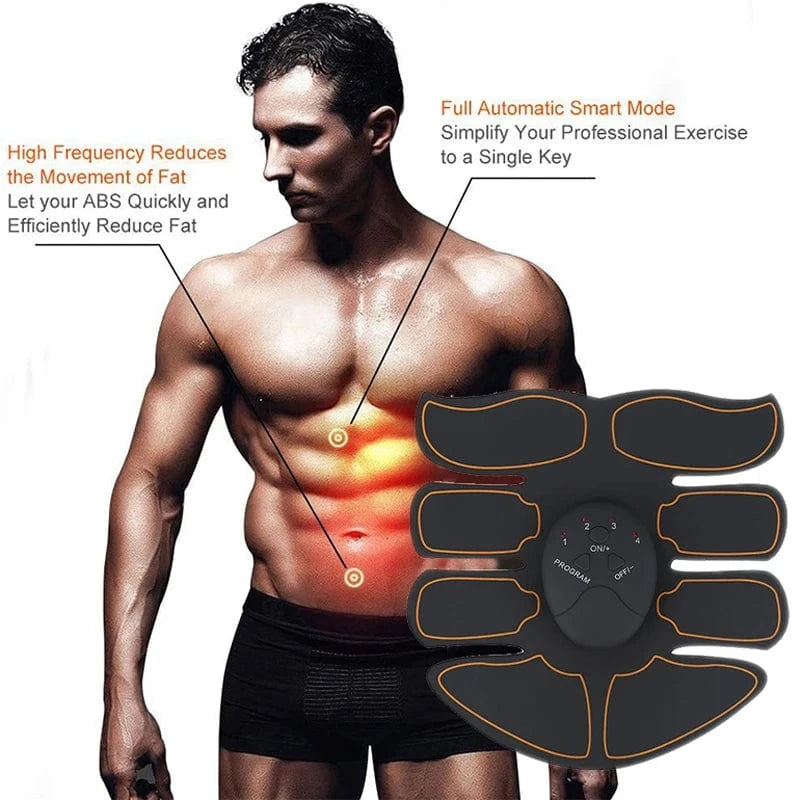 Man with abdominal muscles highlighted, wearing an electronic muscle stimulator device.