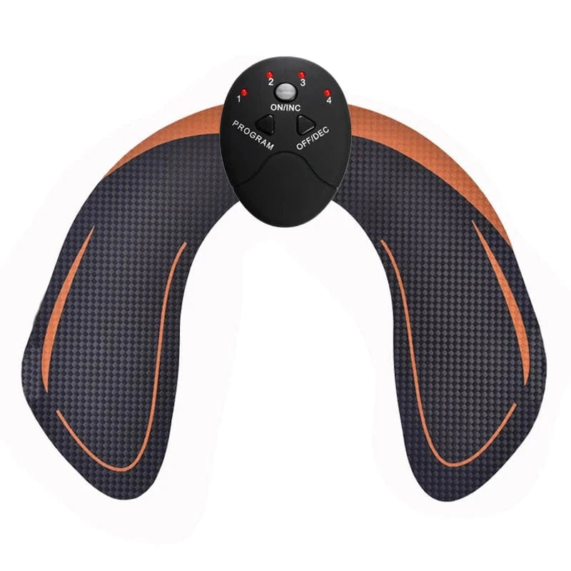 Black and orange neck massager with remote control on a white background