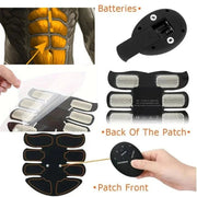 Electrode patches and device for muscle stimulation with close-up of battery and back of patch.