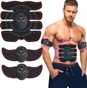 Man wearing an EMS (Electrical Muscle Stimulator) system with attachments on a white background