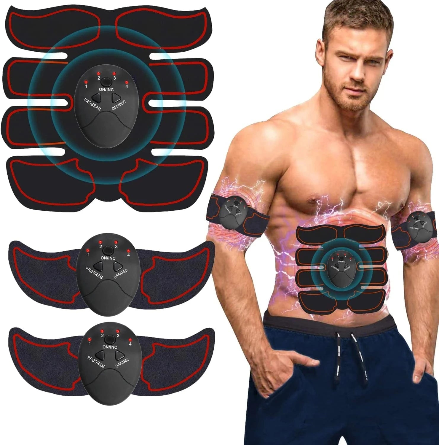 Man wearing an EMS (Electrical Muscle Stimulator) system with attachments on a white background