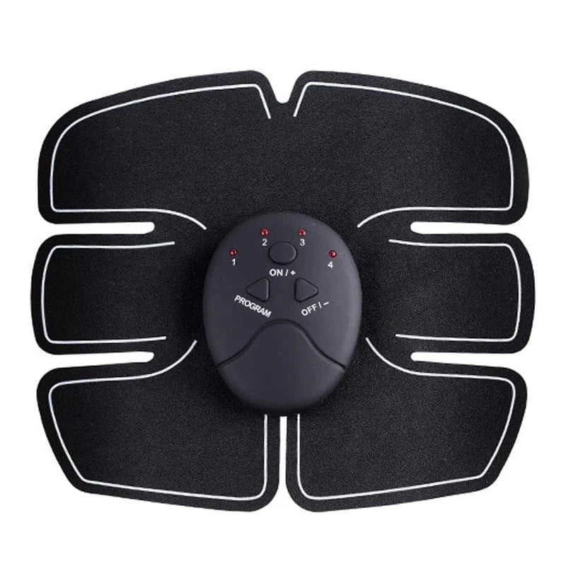 Black electronic muscle stimulator pad with control panel on a white background