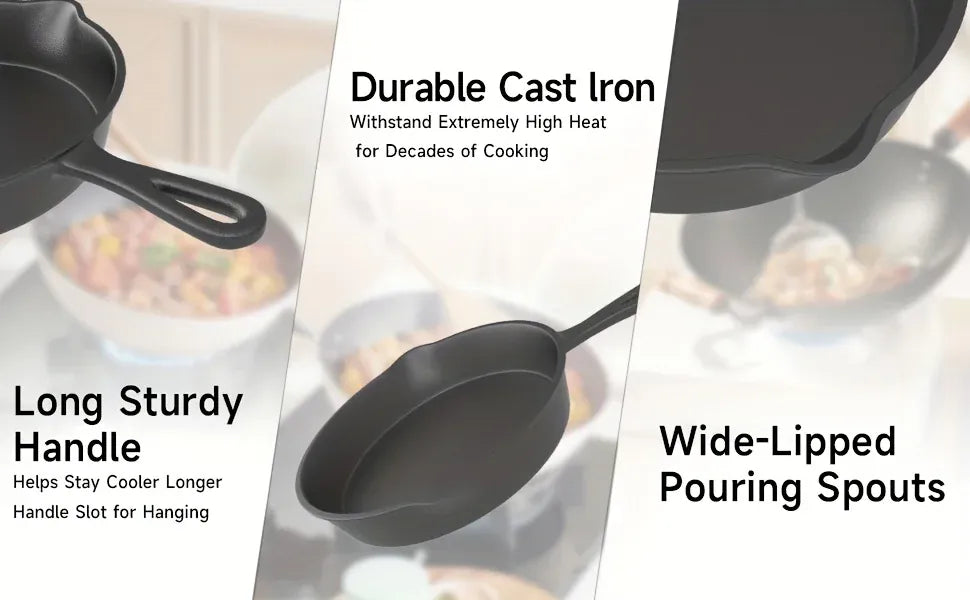 Essentialshouses 3PCS Cast Iron Skillet Set (6/8/10 Inch)  Pre-Seasoned, Heavy-Duty Pans for Oven, Grill & Campfire, Even Heat, Non-Stick Surface