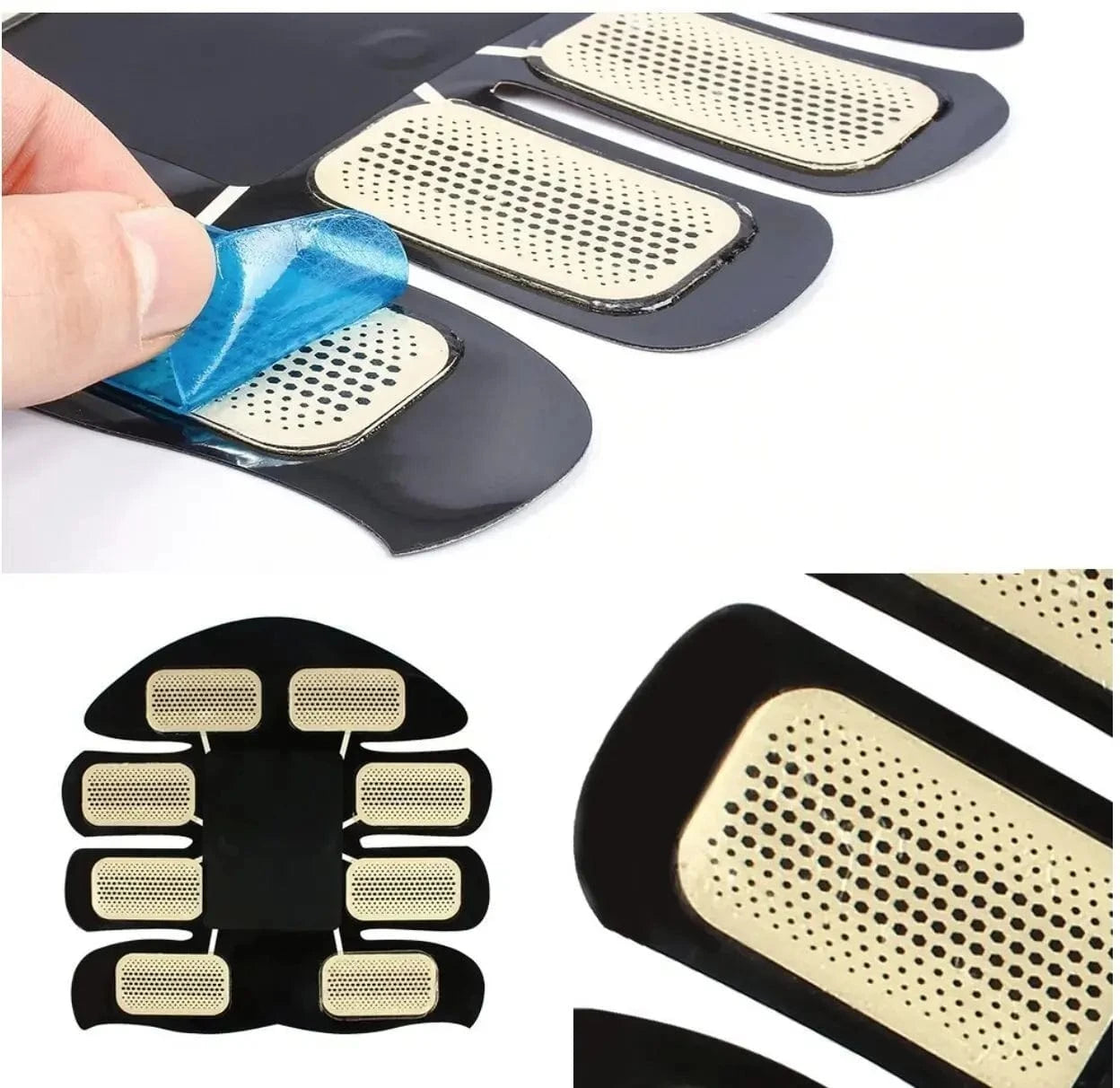 Gel pad application process with close-up details on a white background