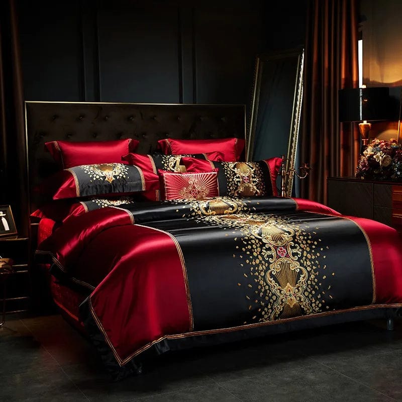 Luxury Black Red Silk Satin Bedding Set
