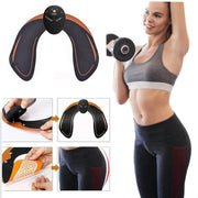 Electric massager device with close-up details and a woman exercising.