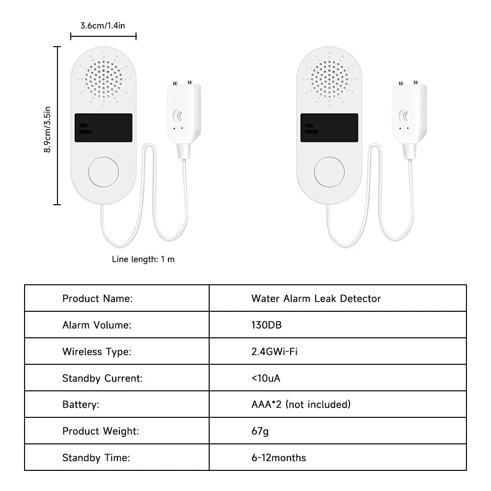 Essentials House WiFi water leak sensor dimensions, 3.6 by 8.9 cm with a 1 metre probe cable