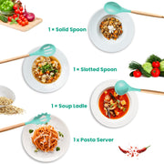 Essentials House - White silicone kitchen utensil set showing solid spoon, slotted spoon, soup ladle and pasta server with wooden handles