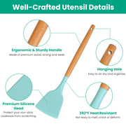 Essentials House - Silicone kitchen utensil detail showing wooden handle, hanging hole, silicone head and heat-resistant construction