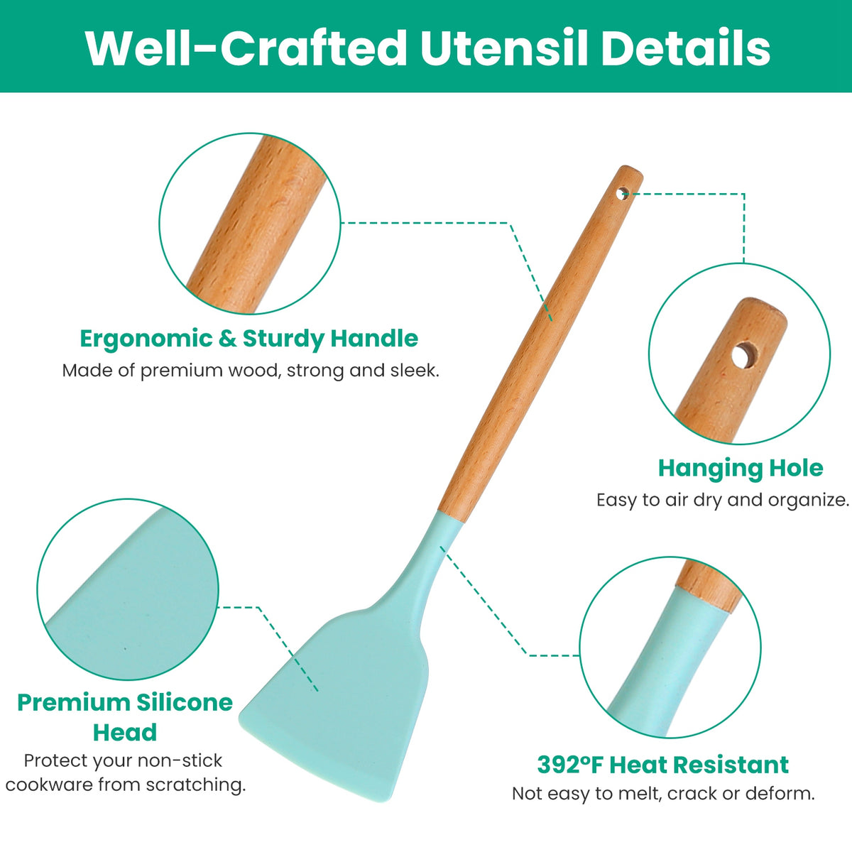 Essentials House - Silicone kitchen utensil detail showing wooden handle, hanging hole, silicone head and heat-resistant construction