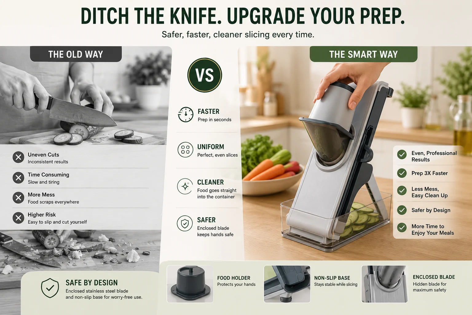 Mandoline slicer preparing vegetables in different cutting styles