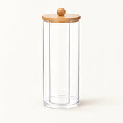 Clear cylindrical bathroom storage jar with wooden knob lid