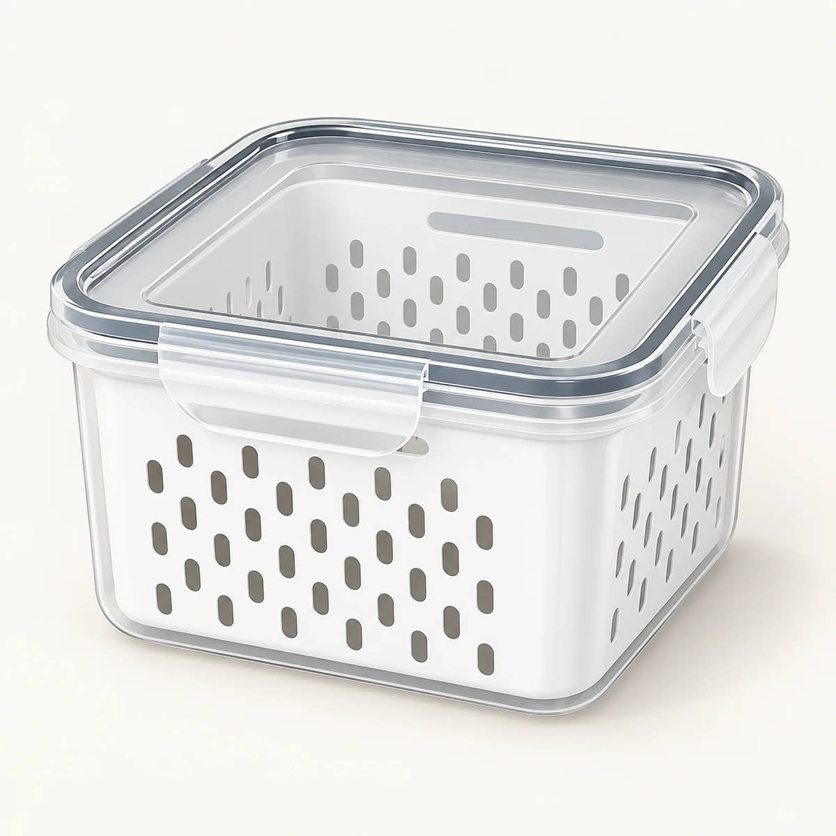 Clear food storage container with a white perforated drain basket and snap-lock lid.