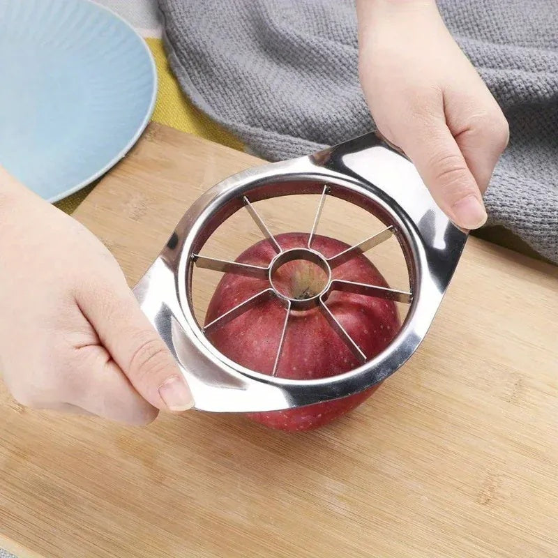 Essentials House stainless steel apple cutter slicing an apple into eight even wedges