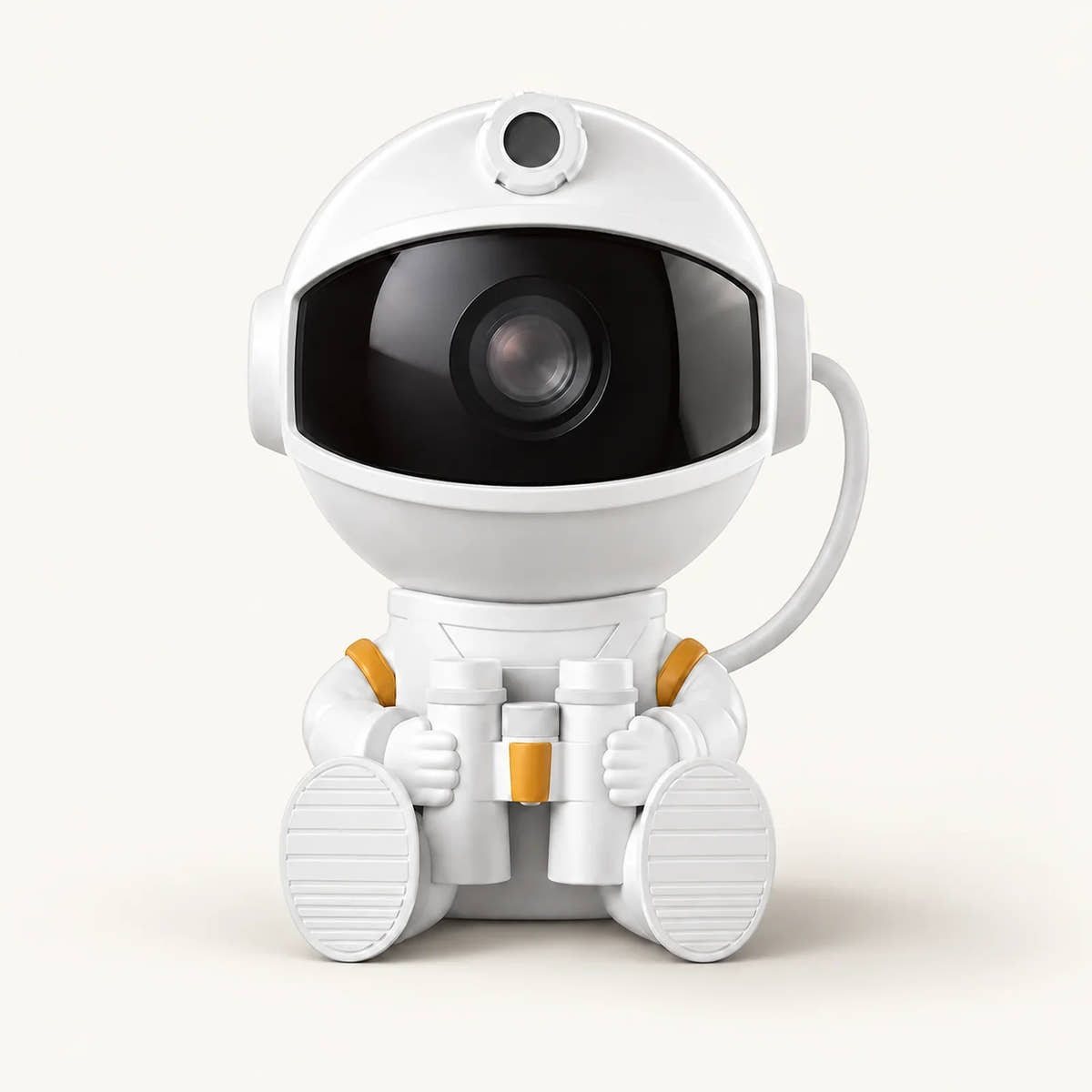 White seated astronaut star projector holding binoculars, with gold accents and a dark visor on an off-white background.