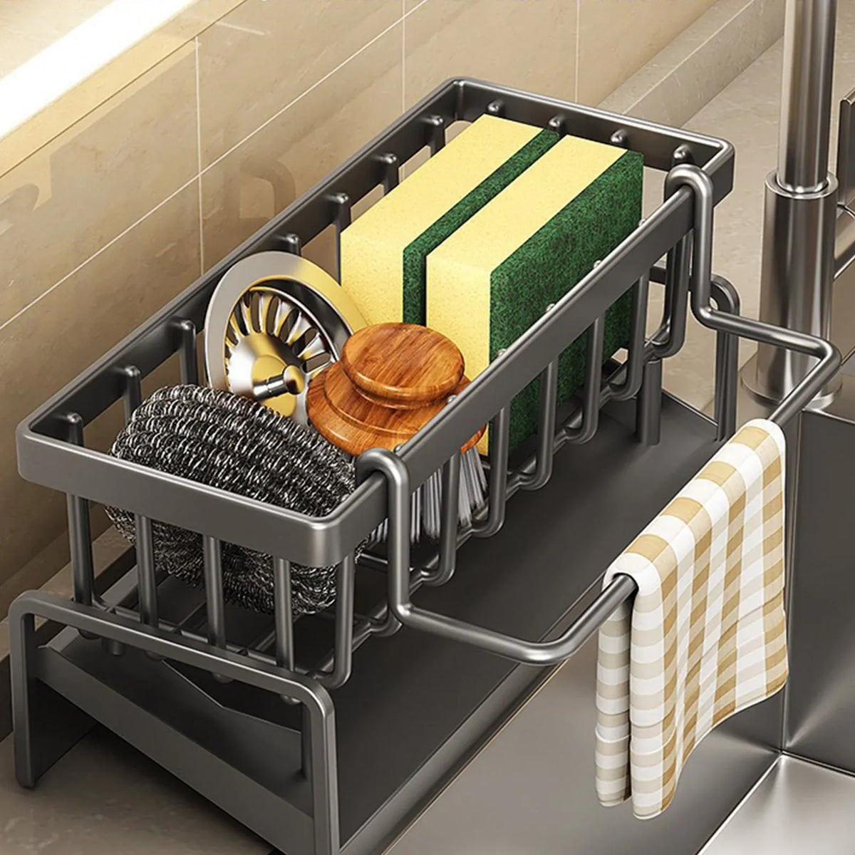 Essentials House Kitchen Sink Organizer Countertop Rack Multifunctional Sponge/Cleaning Cloth/Brush Holder Drain Rack Dish