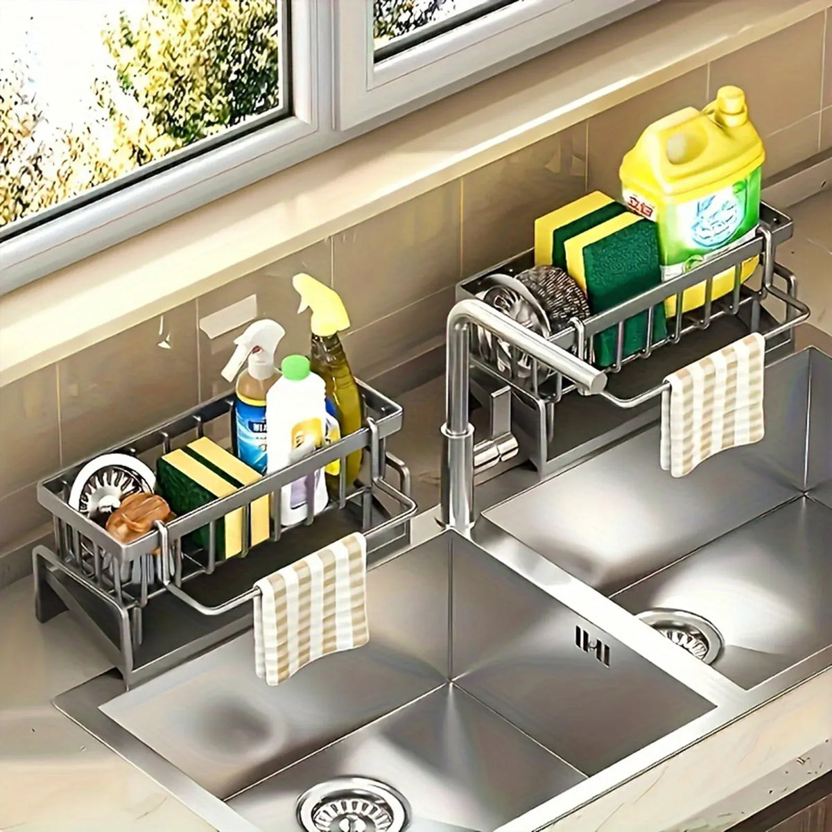 Essentials House Kitchen Sink Organizer Countertop Rack Multifunctional Sponge/Cleaning Cloth/Brush Holder Drain Rack Dish