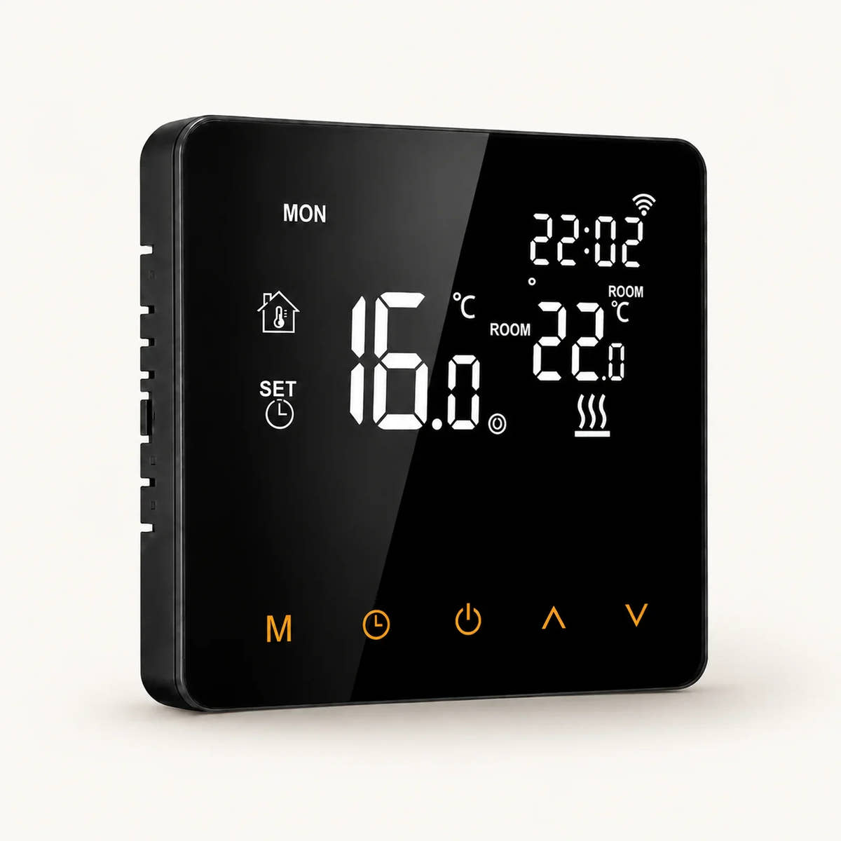 Black AVATTO WT81 thermostat with illuminated temperature display and amber touch controls on an off-white background.