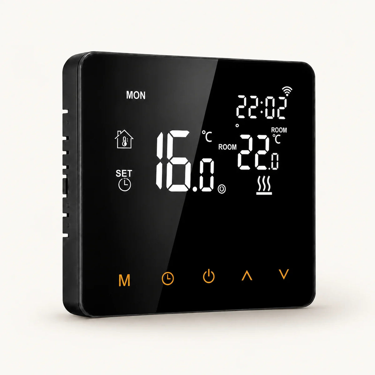 Black AVATTO WT81 thermostat with illuminated temperature display and amber touch controls on an off-white background.