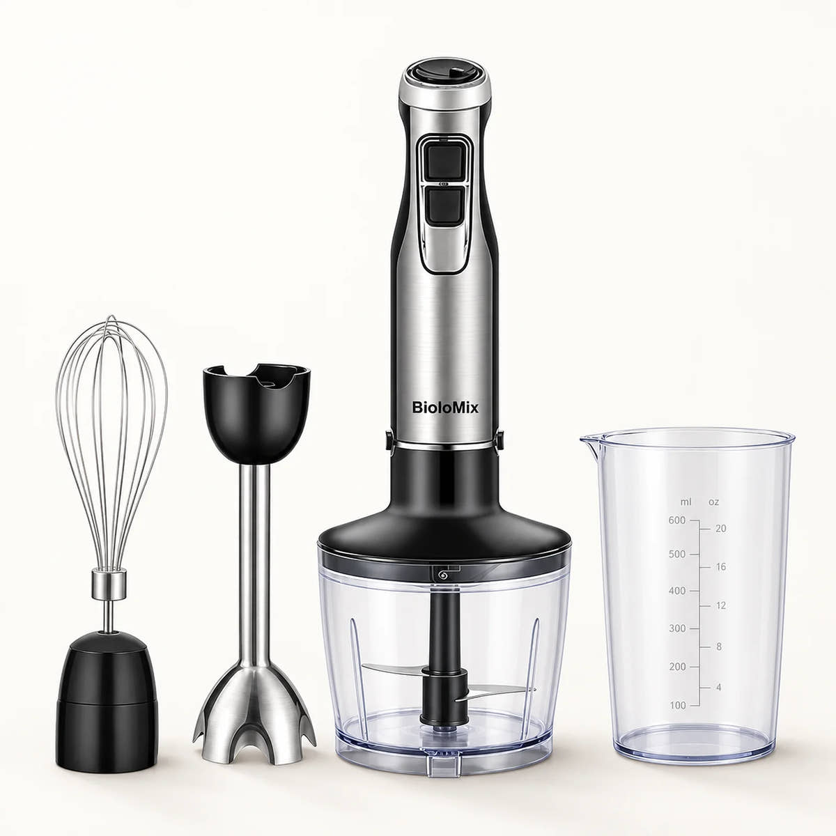 BioloMix HB1200 4-in-1 Immersion Blender on a warm off-white background with a soft natural shadow.